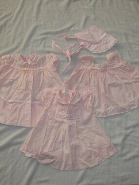 Vintage 4 pc Lot Pink Girls Dresses & Bonnet sz 18 Months L Kate Greenaway